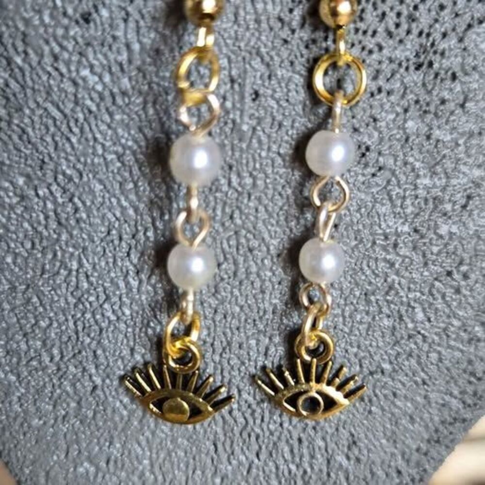 Handmade Gold Tone Evil Eye Dangle Earrings Faux Pearl Accents Boho Repaired
